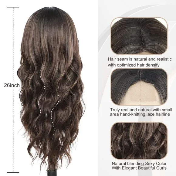 26 Inch  Wavy Ombre Brown Highlights Wig - Picture 2 of 6